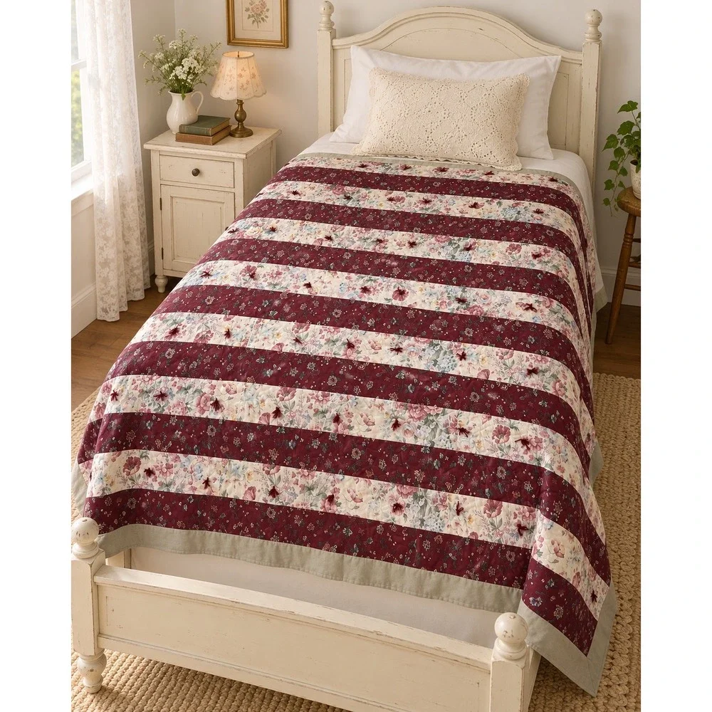 Handmade Burgundy Floral Stripe Twin Quilt 62x82 Tied Cottage Bedding